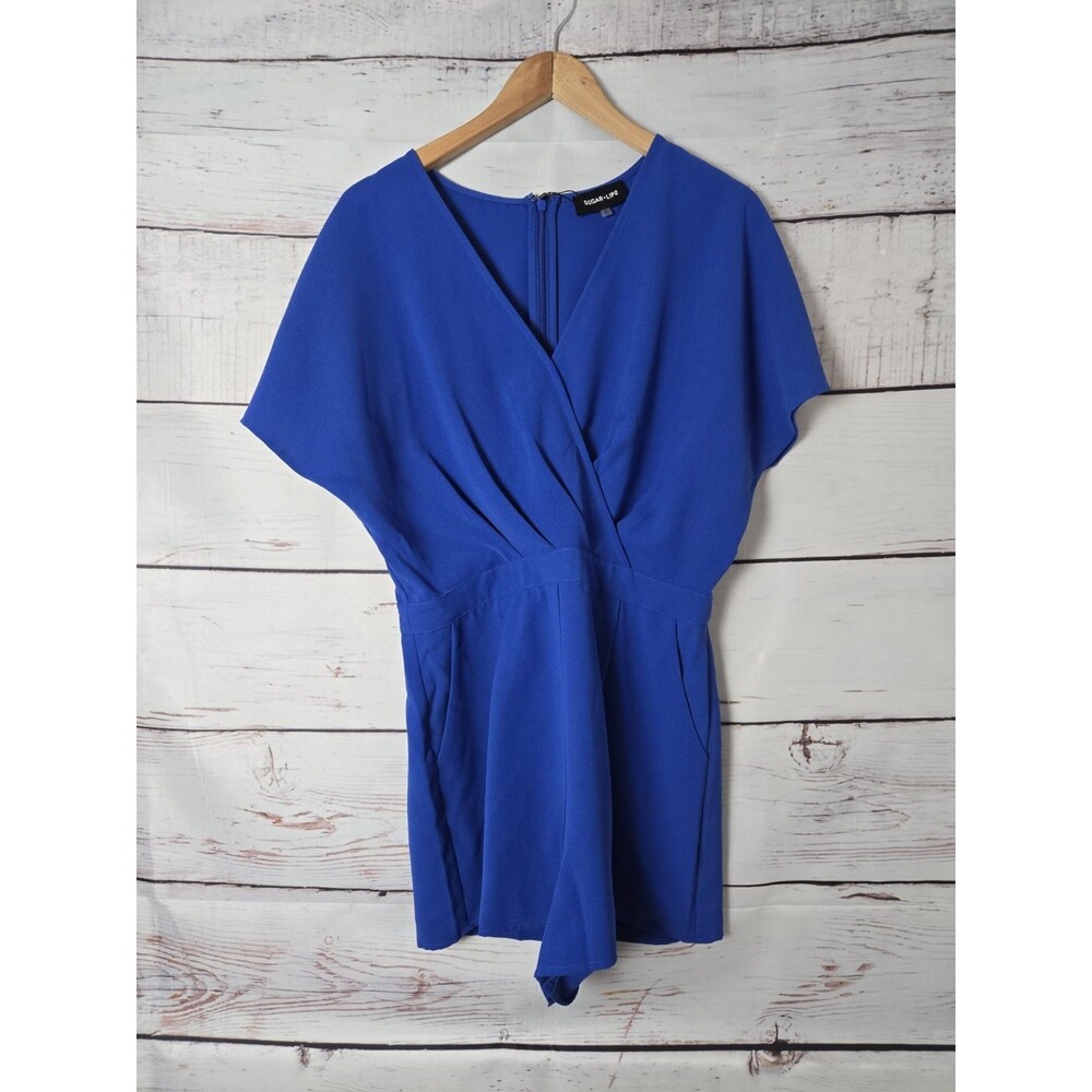 Sugar + Lips Womens Romper Blue V-Neck Faux Wrap Shorts Summer Party Back Zipper